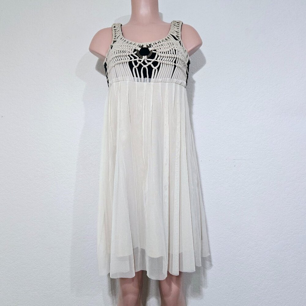 Basil & Maude Crochet Trim Dress Tulle Tan Black Empire Waist